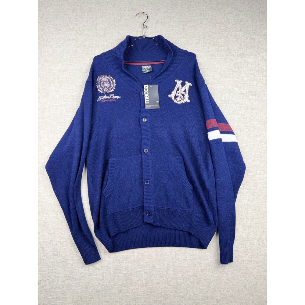 Mecca USA Mens XL Y2K Royal Varsity Knit Cardigan Sweater  **new with tags **